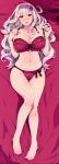  1girl absurdres ass_visible_through_thighs bare_legs barefoot bikini bracelet breasts cleavage dakimakura eyebrows_visible_through_hair flower full_body glint hair_flower hair_ornament hairband hidebou highres idolmaster idolmaster_(classic) jewelry large_breasts lavender_hair long_hair navel necklace pink_bikini pink_eyes scan shijou_takane sidelocks solo swimsuit thigh_gap 