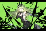  1girl asymmetrical_gloves bare_shoulders black_dress black_gloves character_name claw_ring crown detached_sleeves dress earrings gloves green_background green_eyes green_hair green_theme headpiece highres honkai_(series) honkai_impact_3rd jewelry karame_rise long_hair looking_at_viewer mismatched_gloves mixed-language_commentary mobius_(honkai_impact) sideless_outfit simple_background single_detached_sleeve single_earring single_sleeve sleeveless sleeveless_dress slit_pupils smile solo wavy_hair 