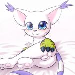  1:1 3_toes anus bedding big_ears big_eyes black_nose blue_eyes blush butt cute_fangs digimon digimon_(species) ears_up female flat_chested fur gatomon haiiromon hand_on_butt long_tail looking_at_viewer lying nipples nude on_side pawpads pink_pawpads presenting presenting_hindquarters purple_fur pussy signature solo thin_tail toes whiskers white_fur 