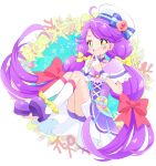  1girl bike_shorts bow capelet choker coral crossed_fingers cure_coral dress facial_mark fingerless_gloves floating gloves hair_bow hat hat_bow heart heart_facial_mark heart_in_eye highres long_hair looking_at_viewer magical_girl multicolored_eyes pouch precure purple_capelet purple_choker purple_dress purple_footwear purple_hair purple_shorts red_bow sailor_hat shell_brooch shoes short_dress shorts shorts_under_dress socks solo suzumura_sango symbol_in_eye tropical-rouge!_precure twitter_username very_long_hair white_gloves white_hat white_socks yellow_bow yui_(kanatamoo) 