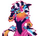2024 4_fingers absurd_res anthro arm_tuft artist_logo artist_name bared_teeth big_ears black_body black_fur black_pawpads blue_body blue_fur blue_inner_ear_fluff canine_teeth cel_shading cheek_tuft chest_tuft claws complex_markings countershade_tail countershade_torso countershading dragon dropshadow elbow_tuft facial_markings facial_tuft featureless_crotch female finger_tuft fingerless_(marking) fingers fur furred_dragon gloves_(marking) gradient_fur hair hand_on_hip head_markings head_tuft hi_res inner_ear_fluff logo long_tail looking_at_viewer mane markings miicchii mohawk multicolored_body multicolored_fur multicolored_teeth mythological_creature mythological_scalie mythology nude one_eye_obstructed orange_body orange_fur pawpads pink_body pink_eyes pink_fur pink_pawpads reverse_countershading scalie shaded signature simple_background smiling_dragon solo spots standing striped_hair striped_markings stripes tail tail_ridge tail_tuft teeth three-quarter_view tuft waist_tuft white_background white_body white_fur wrist_tuft xeregus yellow_claws yellow_teeth