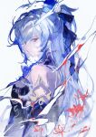  1girl absurdres bare_shoulders blood blue_hair chinese_commentary commentary_request detached_sleeves expressionless flower from_behind hair_between_eyes highres honkai:_star_rail honkai_(series) jingliu_(honkai:_star_rail) long_hair looking_at_viewer looking_back red_eyes simple_background sketch solo spider_lily upper_body white_background yunijuebie 