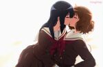  2girls artist_name backlighting black_hair blush brown_hair brown_serafuku brown_shirt brown_skirt closed_eyes hair_between_eyes hibike!_euphonium highres kiss kitauji_high_school_uniform kousaka_reina long_hair medium_hair multiple_girls neckerchief oumae_kumiko pleated_skirt red_neckerchief sailor_collar school_uniform serafuku shirt sidelocks skirt usagihop watermark white_sailor_collar yuri 