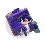  1boy :/ absurdres blue_eyes blue_hair blueberry cake chibi chinese_commentary closed_mouth commentary_request food fruit full_body grey_footwear high_collar highres holding holding_food holding_fruit jacket male_focus mini_person miniboy multicolored_eyes pants purple_background saibou_shinkyoku short_hair simple_background sitting solo utsugi_noriyuki yellow_eyes yulei_yuuuuu 