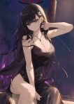  1girl bare_shoulders black_dress black_hair blue_archive blush breasts cleavage collarbone dema_hmw dress hair_ornament hairclip halo highres large_breasts long_hair looking_at_viewer night night_sky red_eyes rio_(blue_archive) sitting sky thighs very_long_hair 