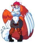  2016 alpha_channel anthro avian big_breasts bottomwear breasts canid canine clothing feathers felid female fox green_eyes hair harpy hybrid kdhynamo kyla_thompson long_tail mammal navel nipples pantherine pigeon_toed post_transformation pussy red_hair shocked simple_background skirt solo standing tiger torn_clothing transparent_background wide_hips wings 