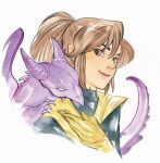  1girl animal_on_shoulder bodysuit brown_eyes brown_hair closed_mouth colored_pencil_(medium) dragon gloves houseofellex kitty_pryde lips marvel pointy_ears ponytail simple_background smile solo traditional_media upper_body white_background x-men yellow_gloves 