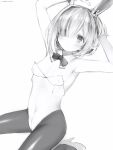  1girl absurdres amane_kanata animal_ears arm_up armpits bare_arms bare_shoulders blunt_bangs blush bow bowtie breasts crotch_seam detached_collar greyscale hair_over_one_eye hand_in_own_hair high_heels highres hololive leotard looking_at_viewer monochrome nanashi_(nlo) pantyhose playboy_bunny rabbit_ears shoes short_hair simple_background small_breasts solo strapless strapless_leotard virtual_youtuber 