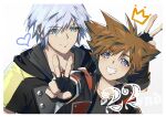  2boys absurdres anniversary black_gloves black_jacket black_shirt blue_eyes blue_hair brown_hair chinese_commentary commentary_request crown fermium.ice fingerless_gloves gloves gradient_background grin hand_up happy heart highres hood hood_down jacket jewelry kingdom_hearts kingdom_hearts_iii looking_at_another looking_at_viewer looking_down male_focus multiple_boys necklace pendant riku_(kingdom_hearts) shirt short_hair short_sleeves smile sora_(kingdom_hearts) spiked_hair upper_body v v-neck white_shirt 