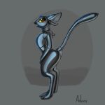 1:1 2023 4_ears adeer ambiguous_gender animate_inanimate anthro avali biped black_body digitigrade feet glistening glistening_body grey_background hi_res inflatable living_inflatable looking_at_viewer multi_ear nude open_mouth raised_tail scuted_feet scutes side_view simple_background solo standing tail toes yellow_eyes