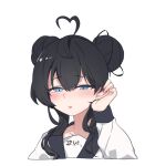  1girl ahoge aningay black_hair black_sailor_collar blue_eyes blush cropped_torso double_bun hair_between_eyes hair_bun half-closed_eyes hand_up heart heart_ahoge highres long_hair long_sleeves original parted_lips puffy_long_sleeves puffy_sleeves sailor_collar school_uniform serafuku shirt simple_background sleeves_past_wrists solo upper_body white_background white_shirt 