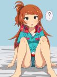  1girl :o ? ahoge ass bare_legs blue_hoodie blush breasts dot_nose hands_on_ground high_side_ponytail hood hoodie idolmaster idolmaster_million_live! idolmaster_million_live!_theater_days legs_apart long_hair looking_at_viewer nejime_(nejimeinu) ogami_tamaki open_mouth orange_hair panties parka parted_bangs plaid_hood pocket short_sleeves sidelocks simple_background sitting sleeves_rolled_up small_breasts solo thighs underwear white_panties yellow_eyes 