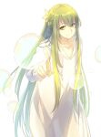  1other androgynous bubble echo_(circa) enkidu_(fate) fate/strange_fake fate_(series) green_eyes green_hair long_hair long_sleeves looking_at_viewer outstretched_arm robe smile solo very_long_hair white_robe 