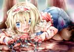  1girl alice_margatroid blonde_hair blood blue_dress blue_eyes booby_trap capelet collared_capelet commentary_request crying crying_with_eyes_open cuts dress frilled_hairband frills guro hair_between_eyes hair_over_eyes hairband injury lying messy_hair necktie on_ground open_mouth red_hairband scar severed_finger shoegaze short_hair short_sleeves solo tears touhou wavy_eyes white_capelet 