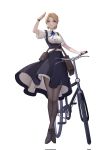  1girl arm_up bag bicycle blonde_hair blue_eyes blue_ribbon blue_skirt copyright_request erika_(sebastian_z) facing_viewer full_body handbag highres open_mouth pantyhose ribbon sebastian_z shirt short_sleeves skirt standing third-party_source watch white_shirt wristwatch wsfw 