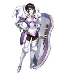  1girl armor armored_boots bangs black_hair boots closed_mouth degel fire_emblem fire_emblem:_kakusei fire_emblem_heroes full_body gauntlets hand_on_hip highres holding lips looking_at_viewer official_art pants shield shiny shiny_clothes shiny_hair short_hair sidelocks solo standing 