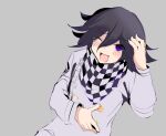  1boy 345_myk ;d black_hair blush buttons checkered_clothes checkered_scarf danganronpa_(series) danganronpa_v3:_killing_harmony double-breasted grey_background grey_jacket highres jacket long_sleeves multicolored_hair oma_kokichi one_eye_closed purple_eyes purple_hair scarf simple_background smile solo two-tone_hair 