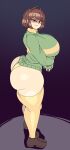  absurdres ass breasts brown_footwear brown_hair captain_kirb chara_(undertale) green_sweater highres huge_ass large_breasts red_eyes red_nails short_hair simple_background smile solo striped_clothes striped_sweater sweater thighhighs undertale underwear 