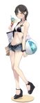  1girl ama_mitsuki bag ball bare_legs bare_shoulders beachball bikini black_bikini black_footwear black_hair blue_shorts blush breasts brown_eyes closed_mouth cutoffs denim denim_shorts dessert food hair_ornament highres holding holding_ball holding_beachball holding_food holding_ice_cream ice_cream ice_cream_cone jewelry looking_at_viewer navel necklace octopus open_fly original scrunchie short_hair short_shorts shorts shoulder_bag small_breasts solo standing swimsuit thong_bikini wrist_scrunchie 