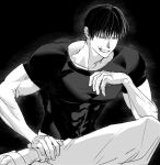  1boy collarbone covered_abs figure_four_sitting fushiguro_touji greyscale grin hand_on_own_ankle hand_up jujutsu_kaisen looking_at_viewer male_focus monochrome muscular muscular_male no_socks noeardog pants pectorals sandals scar scar_on_arm scar_on_face scar_on_mouth shirt short_hair short_sleeves smile solo 