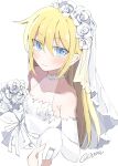  1girl bare_shoulders blonde_hair blue_eyes blush bouquet bridal_veil bride closed_mouth collarbone commentary_request cropped_torso dress elbow_gloves gloves highres holding holding_bouquet holding_hands hyphen_(samplelog) kill_me_baby long_hair looking_at_viewer pov simple_background sleeveless sleeveless_dress smile solo sonya_(kill_me_baby) upper_body veil white_background white_dress white_gloves 