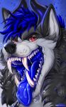 anthro anthro_pred blue_mouth bodily_fluids canid canine canis claws demon demonic demonic_eyes dire_wolf dripping evil_grin fangs fluffy fluffy_hair front_view fur glistening grey_body grey_fur hair hi_res horn large_teeth male male_pred mammal mariexparadise mouth_shot myth_(mythdawuff) open_mouth pupils red_eyes saliva saliva_on_tongue saliva_string slit_pupils smile teeth throat tongue tongue_out vore wolf wolf_demon