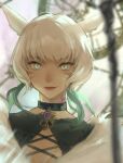  1girl animal_ears black_choker blue_eyes blurry blurry_background brooch cat_ears choker facial_mark feather_hair_ornament feathers final_fantasy final_fantasy_xiv gem hair_ornament jewelry looking_at_viewer miqo&#039;te neck_tattoo portrait purple_gemstone second_(byou) short_hair slit_pupils smile solo straight-on tattoo white_hair y&#039;shtola_rhul 