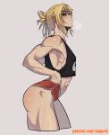  1girl abs black_tank_top blonde_hair blush braid breath clothes_pull fate_(series) flat_chest french_braid hair_ornament hair_scrunchie highres looking_to_the_side mordred_(fate) muscular muscular_female patreon_username pulled_by_self red_scrunchie red_shorts scrunchie short_shorts shorts shorts_pull signature solo stopu sweat tank_top thick_thighs thighs toned 