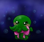  2019 abyss anthro blush bow_tie bubble cephalopod chibi cthulhu cthulhu_mythos digital_media_(artwork) green_eyes green_skin h.p._lovecraft looking_at_viewer marine mollusk octopus pink_bow_tie sa-chat simple_background solo tentacles wings 