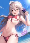  1girl absurdres alcohol beach bikini blue_sky blush breasts brown_eyes cloud cloudy_sky cup day drinking_glass drunk grey_hair hair_between_eyes hat highres himura_moritaka kantai_collection large_breasts long_hair looking_at_viewer mini_hat mountain ocean open_mouth pola_(kancolle) red_bikini sand signature sky smile solo sunlight swimsuit thick_eyebrows tilted_headwear water wavy_hair wine wine_glass 