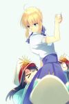  1girl 4girls ahoge artoria_pendragon_(fate) black_hair blonde_hair blue_ribbon blue_skirt braid breasts cup echo_(circa) fate/grand_order fate/stay_night fate_(series) french_braid green_eyes hair_bun hair_ribbon long_hair medium_breasts mini_nobu_(fate) multiple_girls pout ribbon saber_(fate) shirt short_sleeves sidelocks skirt smile white_shirt 