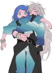  1boy 1girl anchiki_shou archived_source bad_id bad_twitter_id belt black_belt blue_eyes blue_hair blue_pants blue_shirt bracelet closed_eyes constricted_pupils grey_hair hair_ornament highres hug hug_from_behind jewelry king_of_prism_by_prettyrhythm lifting_person long_hair long_sleeves open_mouth pants pretty_rhythm pretty_series rinne_(pretty_rhythm) shine_(pretty_series) shirt short_hair simple_background smile swept_bangs white_background 