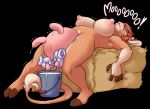  anthro areola big_breasts blush bovid bovine breast_milking breasts brown_fur bucket cattle changeling_tale clothing cloven_hooves dabunnox disembodied drooling female freckles fur gloves hair hay hooves horn lactating looking_pleasured lying mammal marion_(changeling_tale) milk moo nipples on_back pink_nose red_hair saliva solo_focus teats udders 