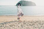  1girl beach black_eyes black_hair closed_mouth commentary_request day dot_mouth dress empty_eyes full_body glitch highres looking_at_viewer mochu_(aoishikabane) original outdoors photo_background sand shore short_hair short_sleeves solo standing water white_dress wide_shot 