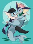  2019 96_kasa :d clothing cuddling duo eeveelution feral flower happy hat headgear headwear hi_res hindpaw hiroyko legwear lotus_flower male mammal nintendo open_mouth paws plant pok&eacute;mon pok&eacute;mon_(species) scarf smile socks vaporeon video_games 