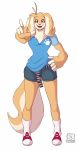  anna_(lionalliance) belt bottomwear canid canine canis clothing domestic_dog female hi_res lionalliance mammal shirt shorts solo topwear 