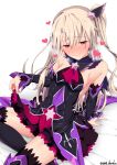  1girl ascot bare_shoulders black_dress black_footwear black_thighhighs blush boots breasts detached_sleeves dress earrings fate/grand_order fate/kaleid_liner_prisma_illya fate_(series) hair_ornament heart highres illyasviel_von_einzbern jewelry layered_skirt long_hair looking_at_viewer one_side_up purple_skirt red_eyes red_skirt sidelocks sitting skirt small_breasts smile solo testament_(fate) thigh_boots thighhighs thighhighs_under_boots unadon white_hair 