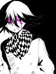  1boy 345_myk absurdres black_background blood blood_on_face buttons checkered_clothes checkered_scarf danganronpa_(series) danganronpa_v3:_killing_harmony double-breasted hair_between_eyes highres jacket long_sleeves medium_hair oma_kokichi pink_blood scarf solo teeth white_background 