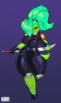 2024 absurd_res anthro belt big_breasts breasts clothed clothing crocodile crocodilian crocodylid eyebrows eyelashes female glistening gloves green_body green_hair grin hair handwear hi_res jamoart looking_at_viewer melee_weapon ponytail reptile reverse_grip scalie smile solo sword thick_thighs weapon yellow_eyes