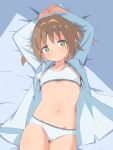  +_+ 1girl arms_behind_head arms_up bed_sheet bra brown_hair clothes_writing colored_inner_hair commentary cowboy_shot dress_shirt flat_chest groin hair_intakes highres indoors long_sleeves looking_at_viewer lying multicolored_hair navel no_pants oka_asahi on_back onii-chan_wa_oshimai! open_clothes open_shirt orange_hair panties shirt short_hair smile solo stomach training_bra two-tone_hair two_side_up underwear unkimo white_bra white_panties white_shirt window_shadow 