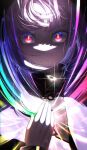  1girl chromatic_aberration expressionless hand_on_own_chest highres looking_at_viewer multicolored_background multicolored_eyes original short_hair white_hair 