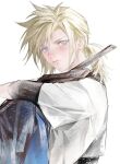  1boy absurdres aged_down blonde_hair blue_eyes blue_shorts blush closed_mouth cloud_strife commentary duoj_ji final_fantasy final_fantasy_vii final_fantasy_vii_remake highres looking_at_viewer low_ponytail male_focus medium_hair shirt short_sleeves shorts solo spiked_hair swept_bangs symbol-only_commentary t-shirt upper_body white_background white_shirt 