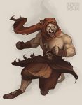  barbarian clothing cougar enraged felid feline headgear headwear hijab loincloth male mammal muscular nude paws pinup pose red_moon religious_clothing religious_headwear scar snarling solo tabaxi woari 