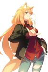 1girl animal_ears black_jacket blowing_bubbles blue_pants blush breasts chewing_gum denim echo_(circa) fate/grand_order fate_(series) fox_ears fox_girl glasses jacket jeans large_breasts long_hair long_sleeves looking_at_viewer orange_eyes orange_hair pants red_shirt shirt sidelocks smile solo suzuka_gozen_(fate) suzuka_gozen_(traveling_outfit)_(fate) thighs torn_clothes torn_jeans torn_pants 