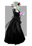  1girl black_dress black_nails bow bow_(paper_mario) collarbone dress fang green_hair grey_background grey_eyes hair_bow hand_fan highres holding holding_fan jewelry long_dress long_hair long_sleeves looking_at_viewer mario_(series) necklace open_mouth paper_mario paper_mario_64 personification red_bow sidelocks simple_background sketch smile solo swept_bangs tanakaoruta 