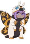  1girl :3 bangs blush closed_mouth cosplay_request costume dark_skin eyebrows_visible_through_hair fate/prototype fate/prototype:_fragments_of_blue_and_silver fate_(series) full_body hair_between_eyes hassan_of_serenity_(fate) i.u.y insect_wings long_sleeves looking_at_viewer moth_wings purple_eyes purple_hair simple_background sleeves_past_wrists solo standing white_background wings 