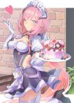  1girl absurdres apron black_dress black_footwear blue_eyes blueberry blush breasts brick_wall cake character_doll cleavage closed_mouth clothing_cutout commentary_request cropped_legs dress elbow_gloves elf elysia_(honkai_impact) elysia_(miss_pink_elf)_(honkai_impact) food fruit gloves hands_up heart high_heels highres holding holding_plate honkai_(series) honkai_impact_3rd karame_rise leg_up letterboxed long_hair looking_at_viewer maid maid_apron maid_headdress one_eye_closed outside_border pink_hair pink_pupils plate pointy_ears puffy_short_sleeves puffy_sleeves raiden_mei raiden_mei_(herrscher_of_thunder) short_sleeves side_cutout smile solo strawberry thighhighs white_gloves white_headdress white_thighhighs 