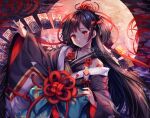  1girl aqua_bow bare_shoulders black_hair black_kimono blunt_bangs blush bow card closed_mouth collarbone flower full_moon glowing glowing_eye higanbana_(onmyoji) holding japanese_clothes kimono light long_hair long_sleeves looking_at_viewer moon onmyoji outstretched_arm red_eyes sasucchi95 shoulder_tattoo sleeveless sleeveless_kimono solo spider_lily tattoo upper_body very_long_hair wide_sleeves 