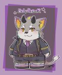 anthro belphegor_(tas) canid canine canis chibi clothing demon domestic_dog fur grey_body grey_fur horn igarashi_ta lifewonders male mammal necktie slightly_chubby solo suit tokyo_afterschool_summoners wolf yellow_eyes