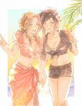  2girls aerith_gainsborough aerith_gainsborough_(floral_delight) belt_buckle breasts brown_eyes buckle cleavage drill_hair final_fantasy final_fantasy_vii final_fantasy_vii_rebirth final_fantasy_vii_remake flower food frilled_sleeves frills front-tie_top green_eyes gura_62 hair_flower hair_ornament highres holding_hands ice_cream ice_cream_cone interlocked_fingers long_skirt multiple_girls official_alternate_costume official_alternate_hairstyle pink_top shirt short_shorts shorts skirt smile striped_clothes striped_shirt tifa_lockhart tifa_lockhart_(majestic_glamour) twin_drills vertical-striped_clothes vertical-striped_shirt 